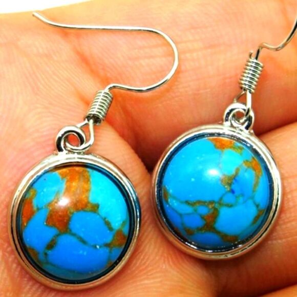 Round Turquoise French Hook Drop Earrings on 925 Silver - Women's - Picture 2 of 2